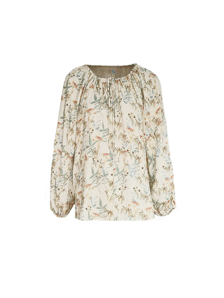 Apricot Retro Linen Shirt for Women - Spring Loose Lantern Sleeve Top in Forest Style, Vintage Herb Rosemary Design Apricot Retro Linen Shirt for Women - Spring Loose Lantern Sleeve Top in Forest Style, Vintage Herb Rosemary Design