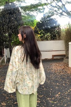 Apricot Retro Linen Shirt for Women - Spring Loose Lantern Sleeve Top in Forest Style, Vintage Herb Rosemary Design
