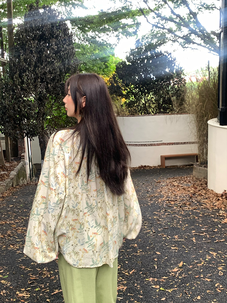 Apricot Retro Linen Shirt for Women - Spring Loose Lantern Sleeve Top in Forest Style, Vintage Herb Rosemary Design Apricot Retro Linen Shirt for Women - Spring Loose Lantern Sleeve Top in Forest Style, Vintage Herb Rosemary Design