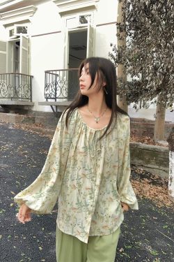 Apricot Retro Linen Shirt for Women - Spring Loose Lantern Sleeve Top in Forest Style, Vintage Herb Rosemary Design