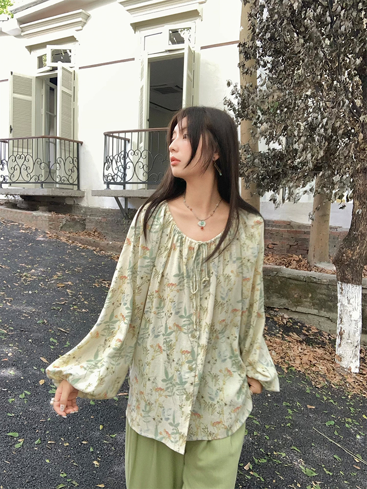 Apricot Retro Linen Shirt for Women - Spring Loose Lantern Sleeve Top in Forest Style, Vintage Herb Rosemary Design Apricot Retro Linen Shirt for Women - Spring Loose Lantern Sleeve Top in Forest Style, Vintage Herb Rosemary Design