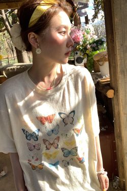 Apricot Yellow Butterfly Print Short Sleeve T-Shirt for Women - Vintage Style Summer Loose Round Neck Top