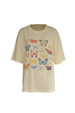 Apricot Yellow Butterfly Print Short Sleeve T-Shirt for Women - Vintage Style Summer Loose Round Neck Top