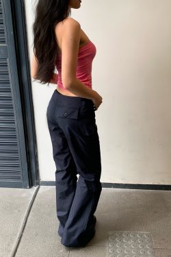 Aqua Dark Blue Micro Flare Low Waist Paper Bag Pants - Functional Evolution Version for Trendy Y2K Style