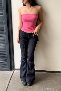 Aqua Dark Blue Micro Flare Low Waist Paper Bag Pants - Functional Evolution Version for Trendy Y2K Style