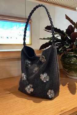 Artistic Black Dry Rose Jacquard Single-Shoulder Handbag - Chinese Style National Wind Sequin Tote Bag