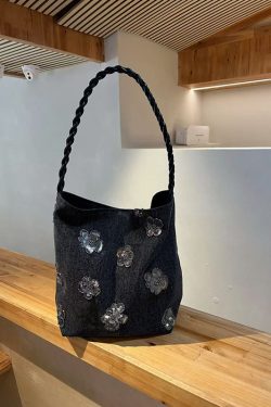 Artistic Black Dry Rose Jacquard Single-Shoulder Handbag - Chinese Style National Wind Sequin Tote Bag