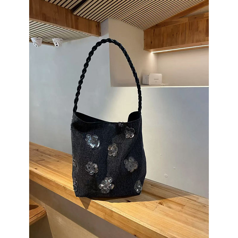 Artistic Black Dry Rose Jacquard Single-Shoulder Handbag - Chinese Style National Wind Sequin Tote Bag Artistic Black Dry Rose Jacquard Single-Shoulder Handbag - Chinese Style National Wind Sequin Tote Bag