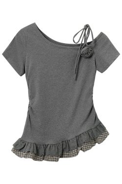 Artistic Blue One-Shoulder Top for Women - 2025 Summer Korean Style Slim Fit Short Sleeve Shirt for Spicy Girls