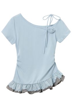 Artistic Blue One-Shoulder Top for Women - 2025 Summer Korean Style Slim Fit Short Sleeve Shirt for Spicy Girls