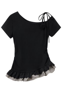 Artistic Blue One-Shoulder Top for Women - 2025 Summer Korean Style Slim Fit Short Sleeve Shirt for Spicy Girls