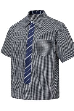 Artistic Blue Plaid Short Sleeve Shirt for Men and Women, Loose Versatile College Style, Retro 90s A-Z Summer Fashion Top