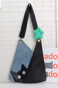 Artistic Color-Blocking Cat Plaid Denim Large-Capacity Shoulder Crossbody Bag - Cute Niche Style for Everyday Use