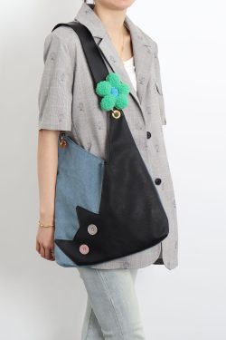 Artistic Color-Blocking Cat Plaid Denim Large-Capacity Shoulder Crossbody Bag - Cute Niche Style for Everyday Use