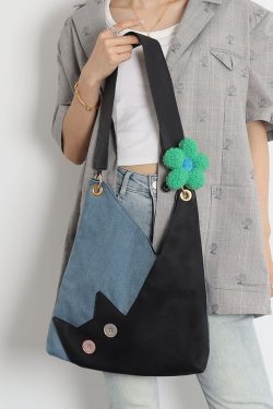 Artistic Color-Blocking Cat Plaid Denim Large-Capacity Shoulder Crossbody Bag - Cute Niche Style for Everyday Use