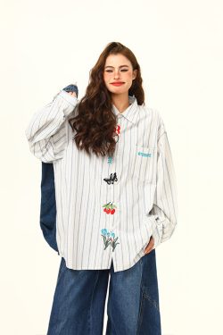 Artistic Embroidered Striped Long Sleeve Shirt for Women - Retro Loose Fit Blouse, Versatile Autumn Fashion