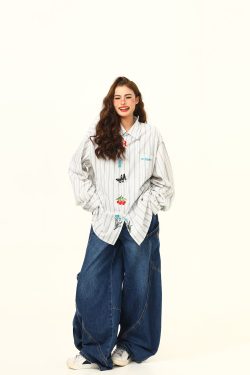 Artistic Embroidered Striped Long Sleeve Shirt for Women - Retro Loose Fit Blouse, Versatile Autumn Fashion