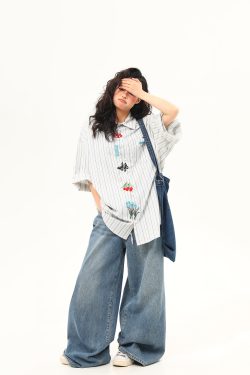 Artistic Embroidered Striped Short Sleeve Shirt for Women - Retro American Style Summer Blouse