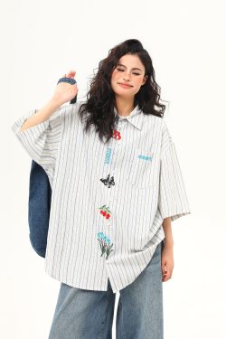 Artistic Embroidered Striped Short Sleeve Shirt for Women - Retro American Style Summer Blouse
