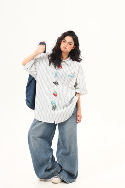 Artistic Embroidered Striped Short Sleeve Shirt for Women - Retro American Style Summer Blouse