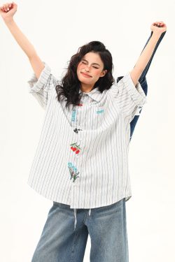Artistic Embroidered Striped Short Sleeve Shirt for Women - Retro American Style Summer Blouse