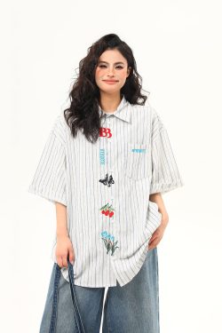 Artistic Embroidered Striped Short Sleeve Shirt for Women - Retro American Style Summer Blouse