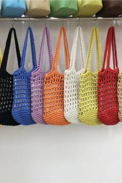 Artistic Forest Style Woven Bucket Tote Bag – Hollow Fishing Net Design, Korean Wind Ins Shoulder Bag for Vacation