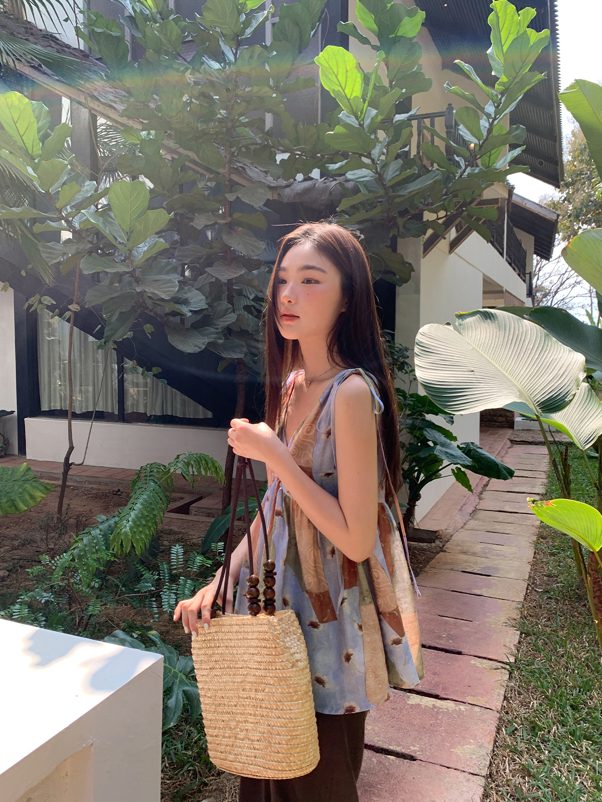 Artistic Printed Sleeveless Top with Shoulder Ties for Women - Casual Summer Beach Top, Perfect for Vacation Style Artistic Printed Sleeveless Top with Shoulder Ties for Women - Casual Summer Beach Top, Perfect for Vacation Style