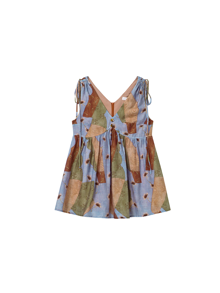 Artistic Printed Sleeveless Top with Shoulder Ties for Women - Casual Summer Beach Top, Perfect for Vacation Style Artistic Printed Sleeveless Top with Shoulder Ties for Women - Casual Summer Beach Top, Perfect for Vacation Style