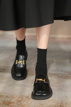 Artistic Retro British Style Chunky Heel Loafers with Gold Buckle - Women's Thick-Soled Leather Flats - Trendy Y2K Fashion