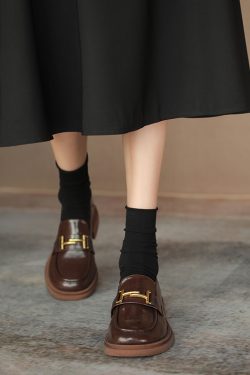 Artistic Retro British Style Chunky Heel Loafers with Gold Buckle - Women's Thick-Soled Leather Flats - Trendy Y2K Fashion