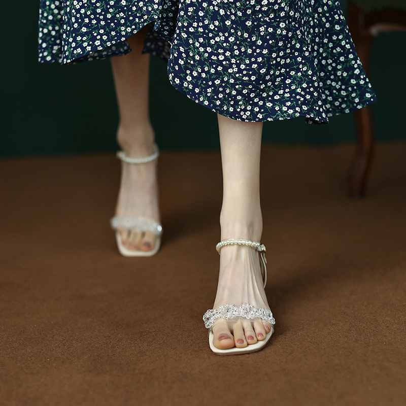 Artistic Slim Pearl Crystal Mid-Heel Square-Toe One-Strap Sandals for Women - Fairy Style Summer Footwear Artistic Slim Pearl Crystal Mid-Heel Square-Toe One-Strap Sandals for Women - Fairy Style Summer Footwear