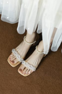 Artistic Slim Pearl Crystal Mid-Heel Square-Toe One-Strap Sandals for Women - Fairy Style Summer Footwear