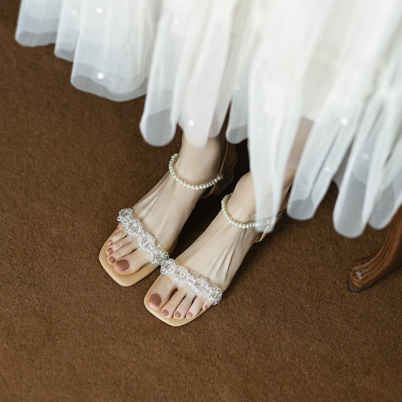 Artistic Slim Pearl Crystal Mid-Heel Square-Toe One-Strap Sandals for Women - Fairy Style Summer Footwear Artistic Slim Pearl Crystal Mid-Heel Square-Toe One-Strap Sandals for Women - Fairy Style Summer Footwear