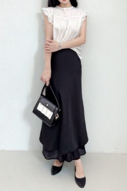 Asymmetrical Fishtail A-Line Mid-Length Skirt with Elastic Waist, Slimming Patchwork Chiffon Ruffles for Spring-Summer Fashion