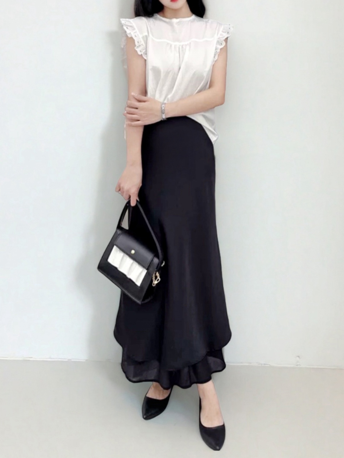 Asymmetrical Fishtail A-Line Mid-Length Skirt with Elastic Waist, Slimming Patchwork Chiffon Ruffles for Spring-Summer Fashion Asymmetrical Fishtail A-Line Mid-Length Skirt with Elastic Waist, Slimming Patchwork Chiffon Ruffles for Spring-Summer Fashion