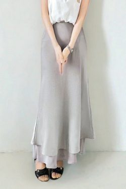 Asymmetrical Fishtail A-Line Mid-Length Skirt with Elastic Waist, Slimming Patchwork Chiffon Ruffles for Spring-Summer Fashion