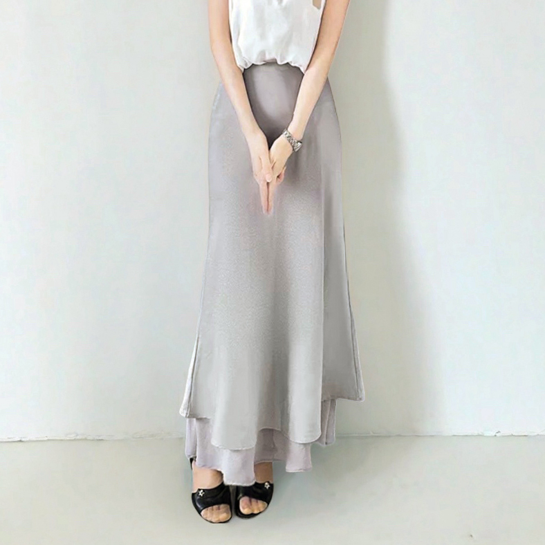Asymmetrical Fishtail A-Line Mid-Length Skirt with Elastic Waist, Slimming Patchwork Chiffon Ruffles for Spring-Summer Fashion Asymmetrical Fishtail A-Line Mid-Length Skirt with Elastic Waist, Slimming Patchwork Chiffon Ruffles for Spring-Summer Fashion