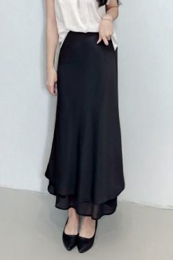 Asymmetrical Fishtail A-Line Mid-Length Skirt with Elastic Waist, Slimming Patchwork Chiffon Ruffles for Spring-Summer Fashion