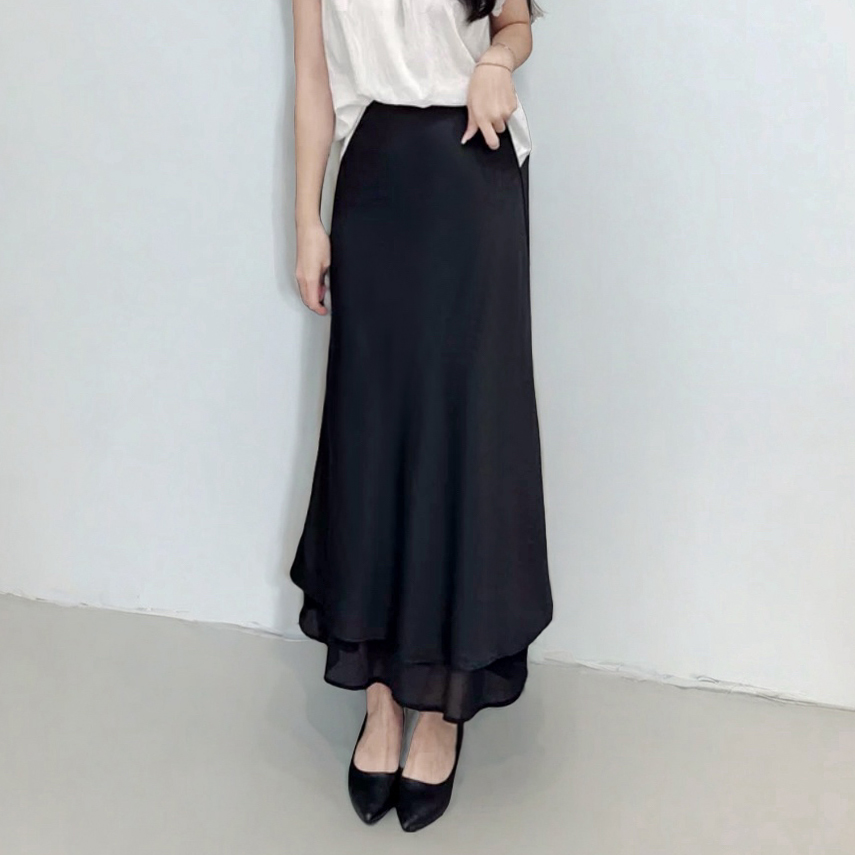 Asymmetrical Fishtail A-Line Mid-Length Skirt with Elastic Waist, Slimming Patchwork Chiffon Ruffles for Spring-Summer Fashion Asymmetrical Fishtail A-Line Mid-Length Skirt with Elastic Waist, Slimming Patchwork Chiffon Ruffles for Spring-Summer Fashion
