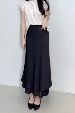 Asymmetrical Fishtail A-Line Mid-Length Skirt with Elastic Waist, Slimming Patchwork Chiffon Ruffles for Spring-Summer Fashion