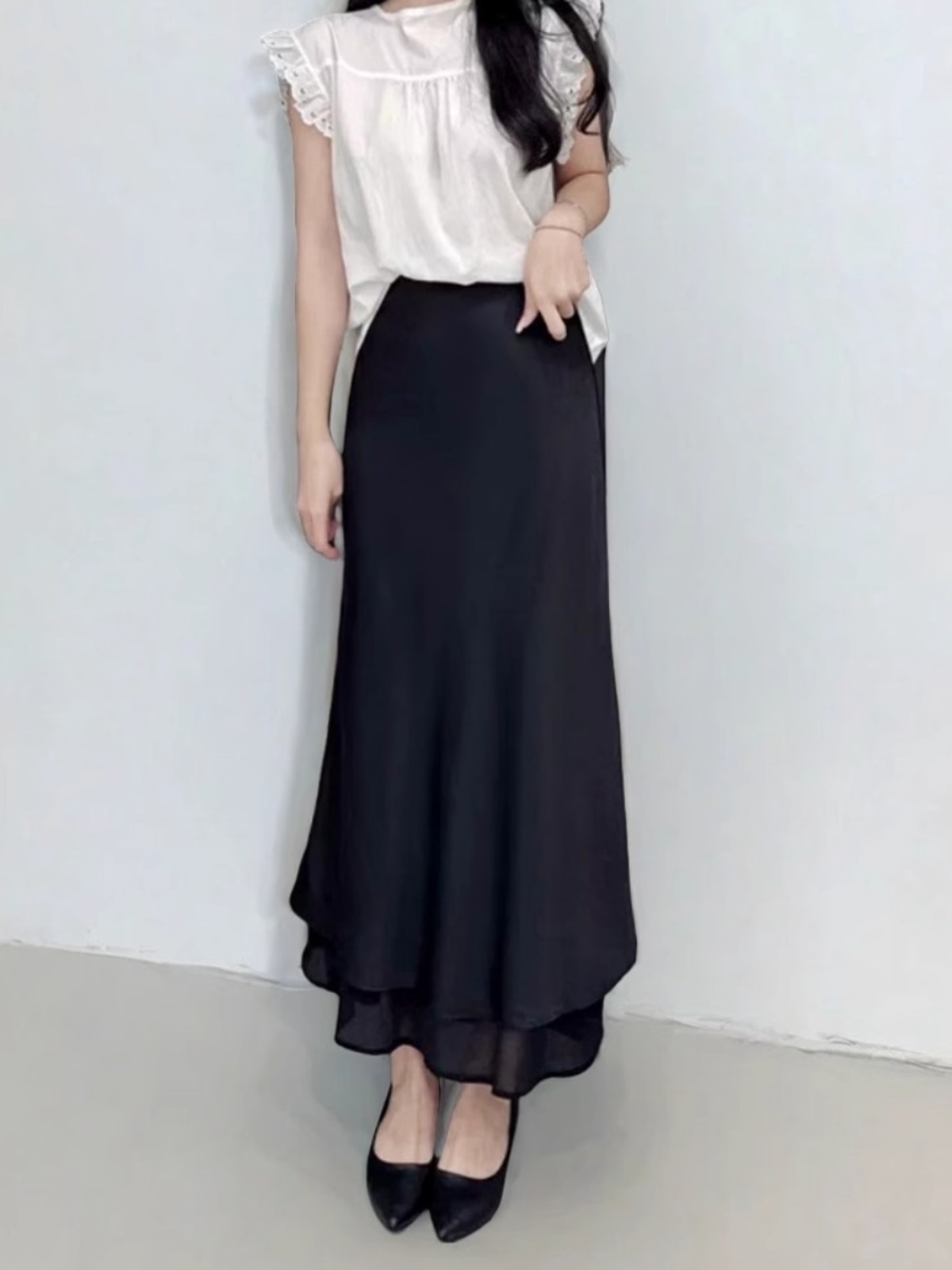 Asymmetrical Fishtail A-Line Mid-Length Skirt with Elastic Waist, Slimming Patchwork Chiffon Ruffles for Spring-Summer Fashion Asymmetrical Fishtail A-Line Mid-Length Skirt with Elastic Waist, Slimming Patchwork Chiffon Ruffles for Spring-Summer Fashion