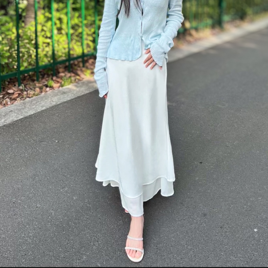 Asymmetrical Fishtail A-Line Mid-Length Skirt with Elastic Waist, Slimming Patchwork Chiffon Ruffles for Spring-Summer Fashion Asymmetrical Fishtail A-Line Mid-Length Skirt with Elastic Waist, Slimming Patchwork Chiffon Ruffles for Spring-Summer Fashion