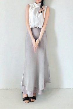 Asymmetrical Fishtail A-Line Mid-Length Skirt with Elastic Waist, Slimming Patchwork Chiffon Ruffles for Spring-Summer Fashion