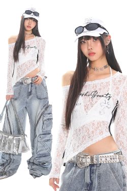 Asymmetrical Lace Cover-Up Top with Striped Embroidery - Slim Fit Long Sleeve Irregular Design for Trendy Hot Girls