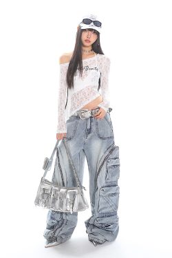 Asymmetrical Lace Cover-Up Top with Striped Embroidery - Slim Fit Long Sleeve Irregular Design for Trendy Hot Girls