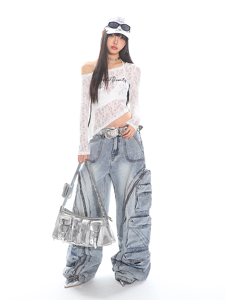 Asymmetrical Lace Cover-Up Top with Striped Embroidery - Slim Fit Long Sleeve Irregular Design for Trendy Hot Girls Asymmetrical Lace Cover-Up Top with Striped Embroidery - Slim Fit Long Sleeve Irregular Design for Trendy Hot Girls