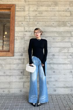 Asymmetrical Long Sleeve T-Shirt for Women - Minimalist Korean Style Slim Fit Top - Fashionable Spring 2025 Design