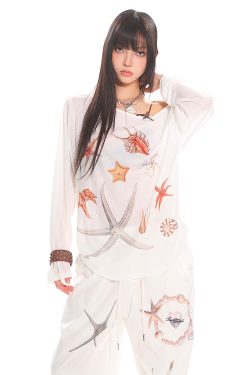 Asymmetrical Neck Starfish Print Long Sleeve Slim Fit Off-Shoulder T-Shirt - Sheer Summer Sun Protection Top for Women