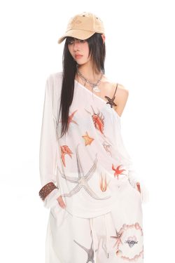 Asymmetrical Neck Starfish Print Long Sleeve Slim Fit Off-Shoulder T-Shirt - Sheer Summer Sun Protection Top for Women